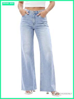 High Waisted Wide Leg Stretchy Baggy Denim Jeans Raw Hem